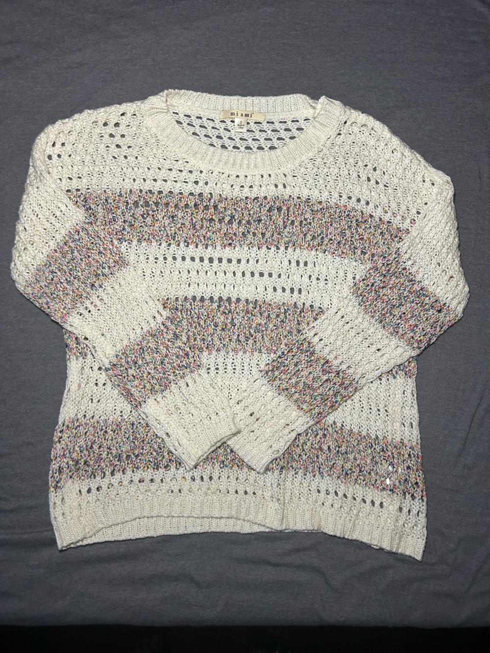 miami Cream Open-Stitch Sweater with Multicolor Speckle Stripes